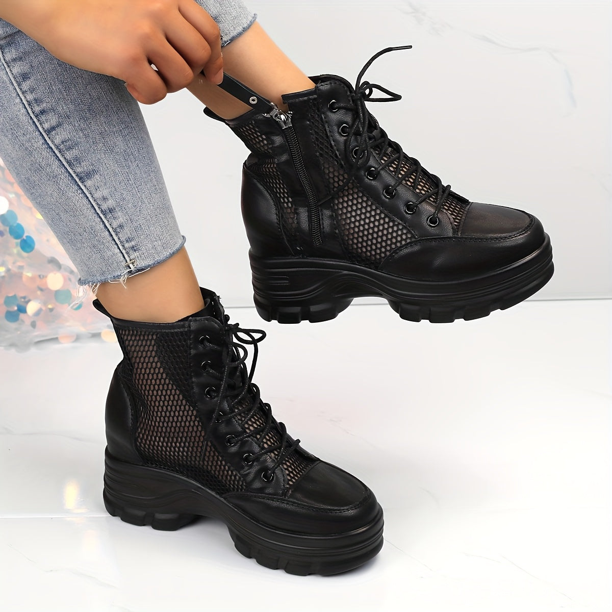 Women's Mesh Summer High Heel Booties with Side Zipper and Hollow Design