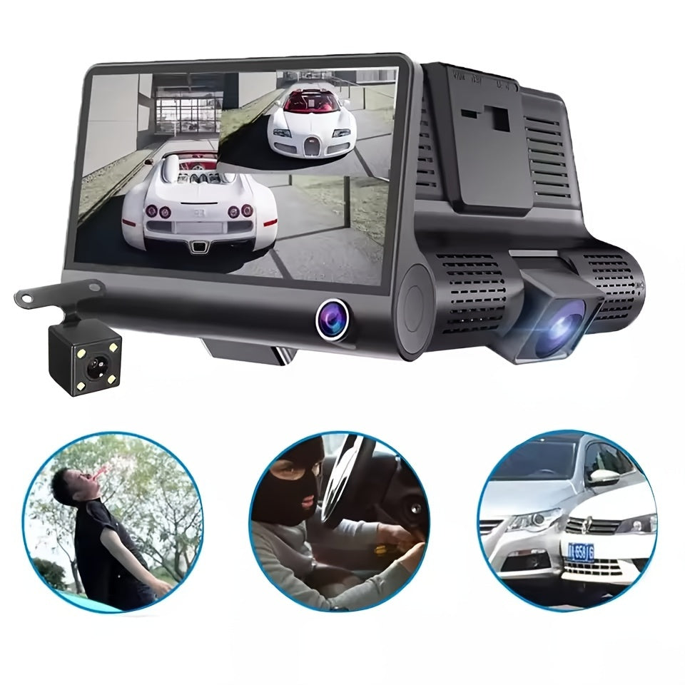 HD 3-Lens Dash Cam Night Vision Loop Recording Reversible Image Front Interior Rear View