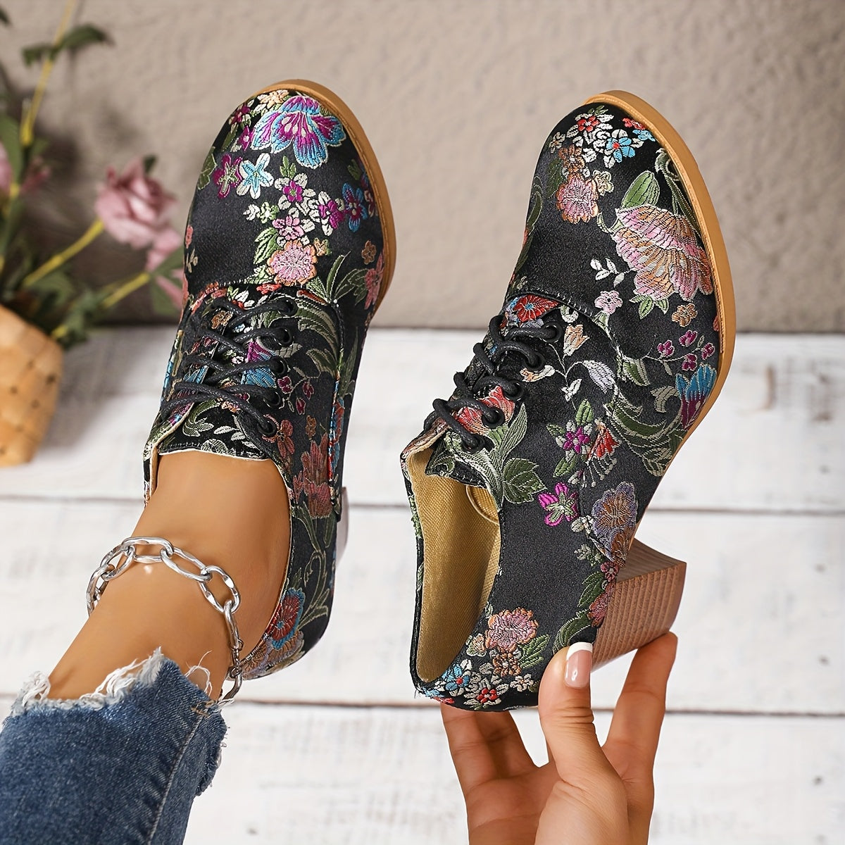 Women's Bohemian Floral High Heels Chunky Platform Shoes Red Black Pink Yellow