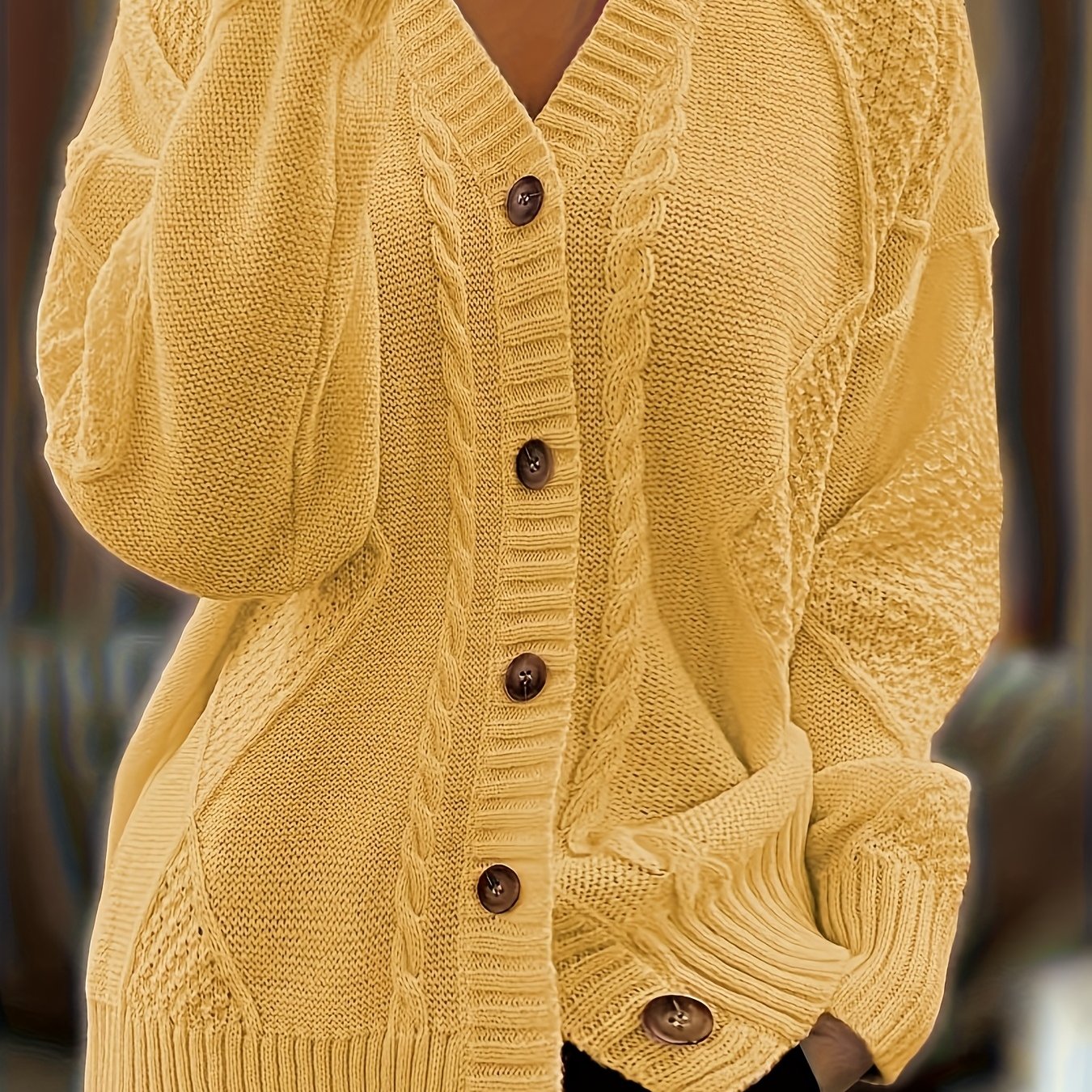 Plus Size Solid Color Button Drop Twisted Cardigan Casual Long Sleeve Sweater Women