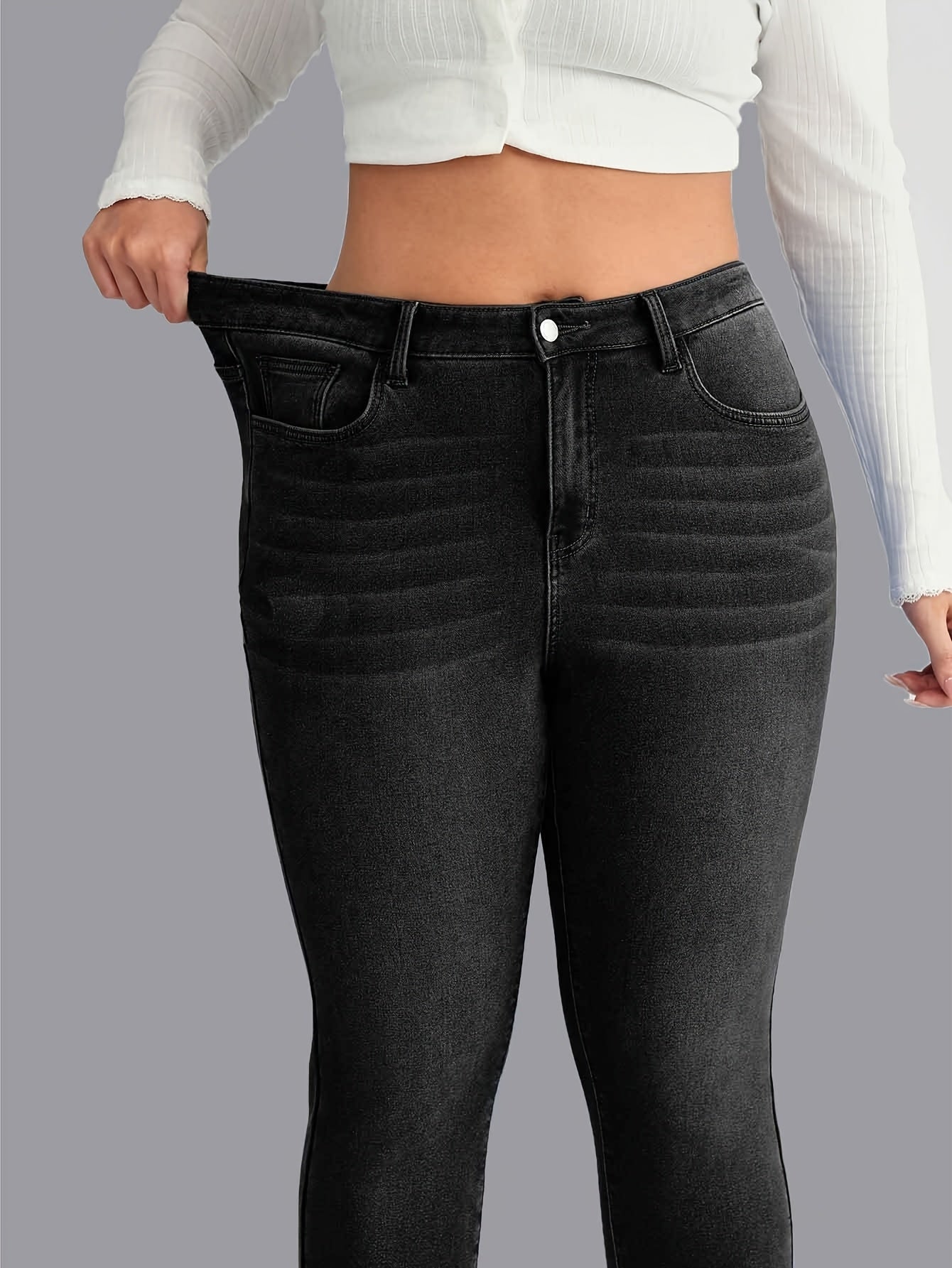 Jeans ajustados negros para mujer de tiro medio, corte delgado, casuales de mezclilla