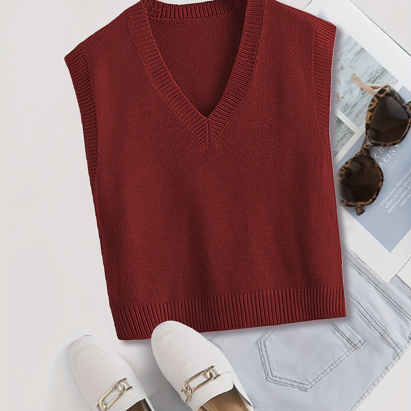 Women's Ribbed V Neck Sleeveless Sweater Vest Solid Knit Spring Fall