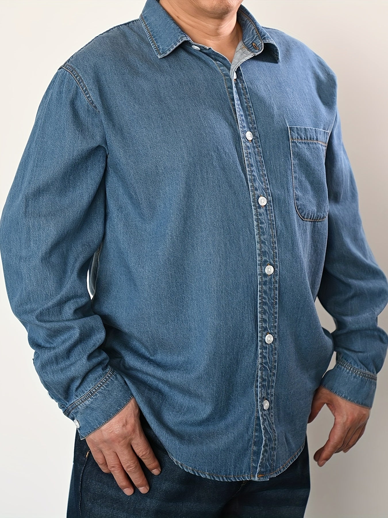 Men's Plus Size Denim Shirt Casual Woven Solid Color Button-Front Breathable Spring Fall Outdoor