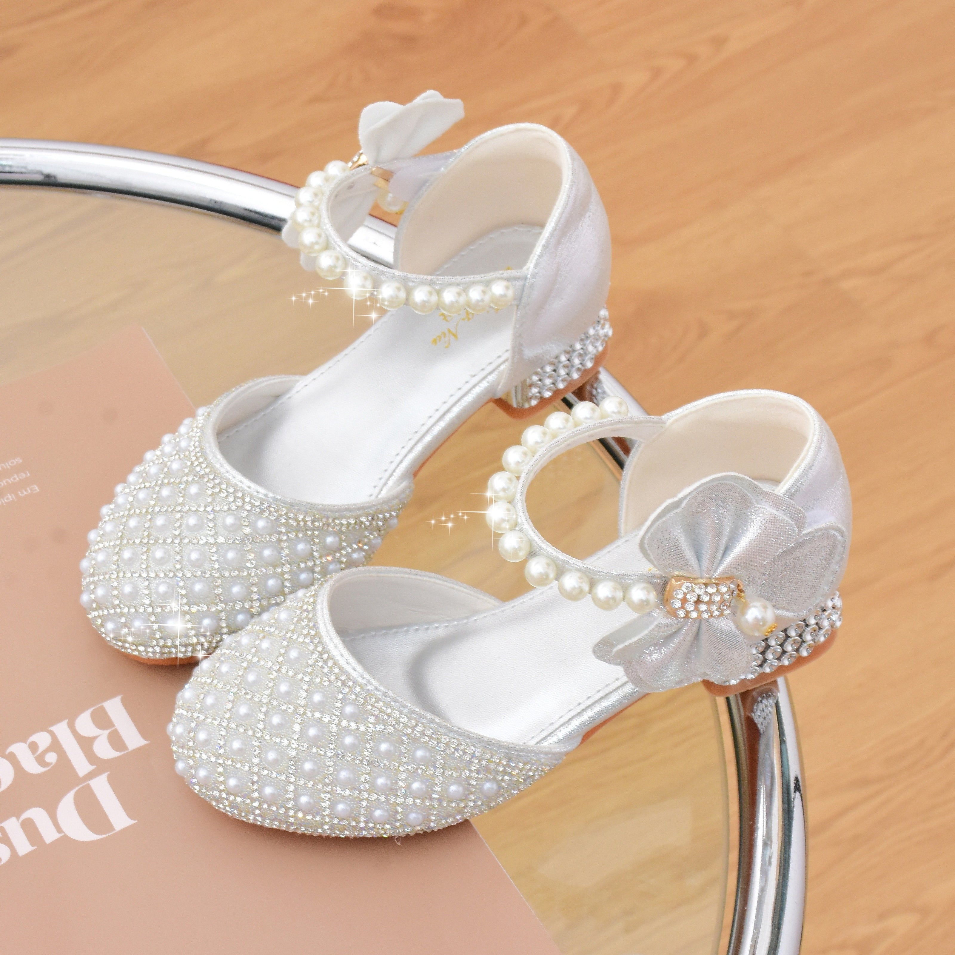 Girls Children's Spring and Summer High Heels with Pearl Crystals Bowknot Butterfly Knot