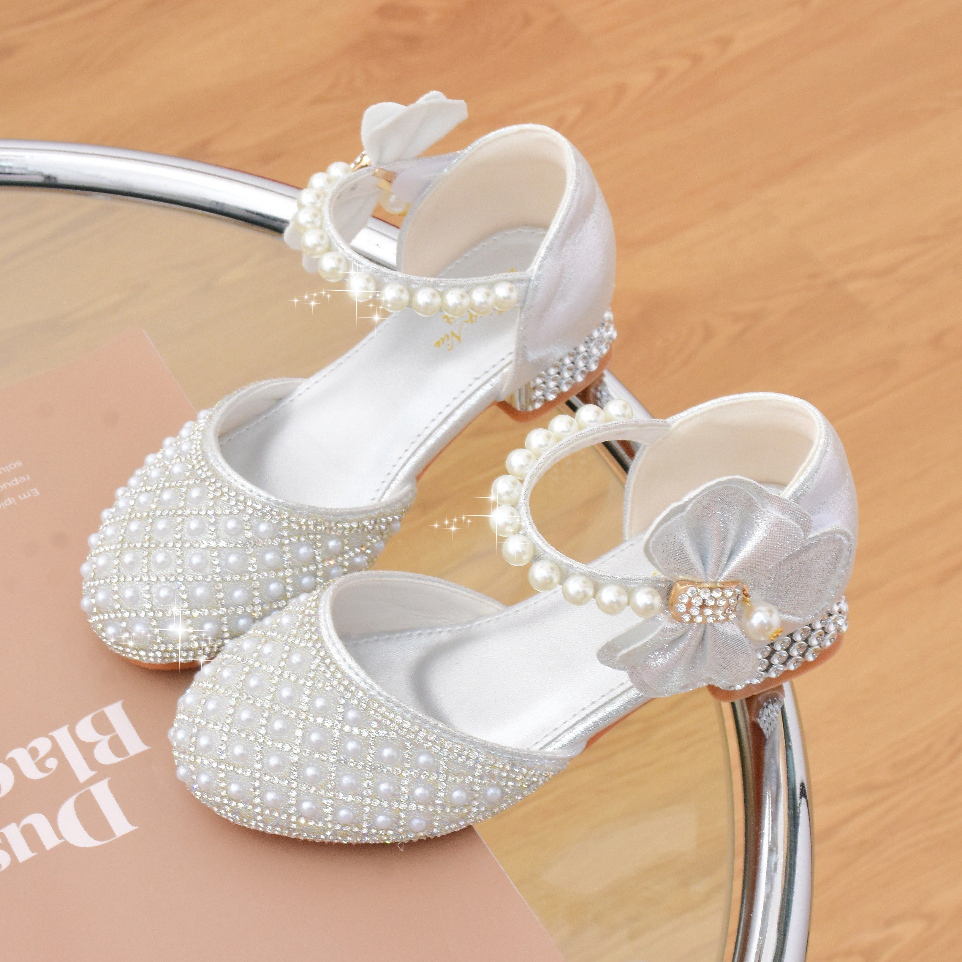 Girls Glitter Rhinestone Princess Shoes with Pearl Bow Block Heel Non-Slip Sole for School Dance Wedding Party