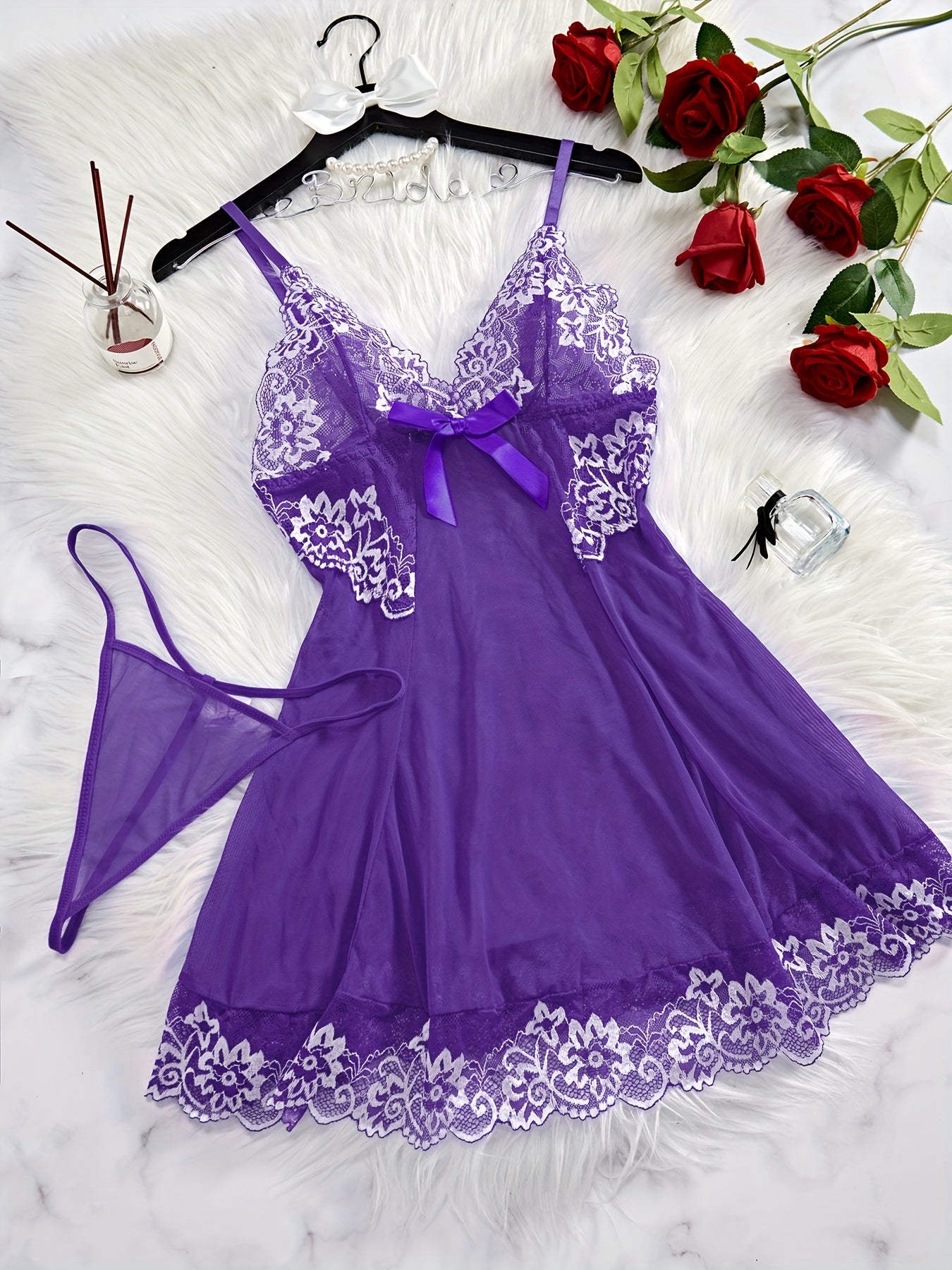Women's Backless Nightdress with Thin Straps and Charm Design Including Thong