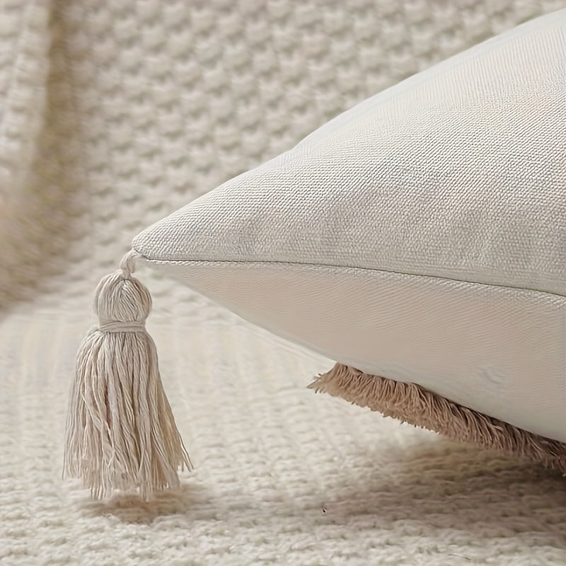 Beige Tufted Pillow Cover with Tassels and Geometric Pattern for Couch or Bed