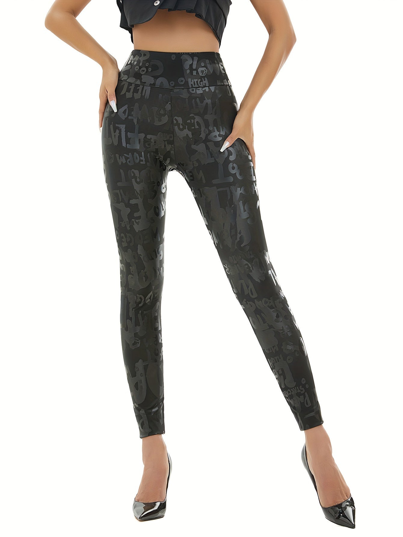Women's Faux Leather High-Waisted Lounge Pants with PU Letter Print All-Season