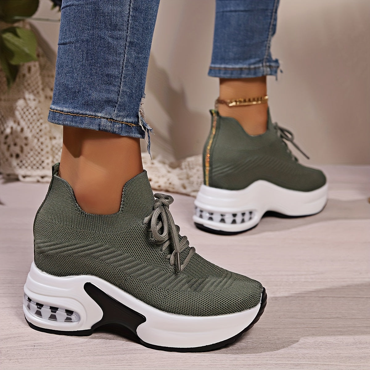 Women's Solid Color Knitted Sneakers, Lace-Up Platform Walking Shoes