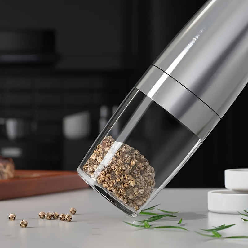 Molino eléctrico de especias con sensor de gravedad, cuerpo de acero inoxidable, tamaño de partícula ajustable, luz LED para hogares, restaurantes y picnics