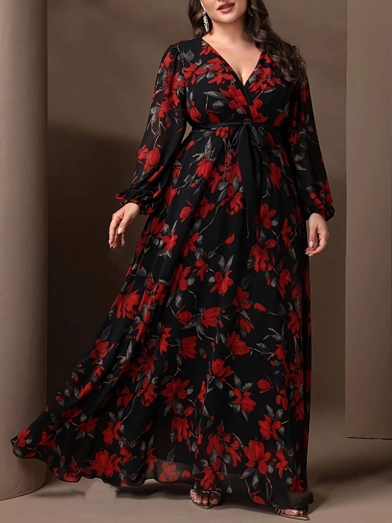 Floral Print V-Neck Maxi Dress with Tie Waist for Spring Fall