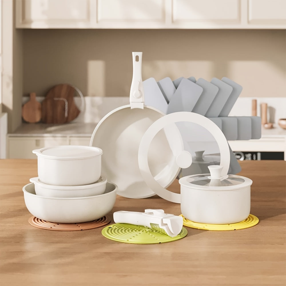 18-Piece Non-Stick Cookware Set with Removable Handles, Brushed Aluminum