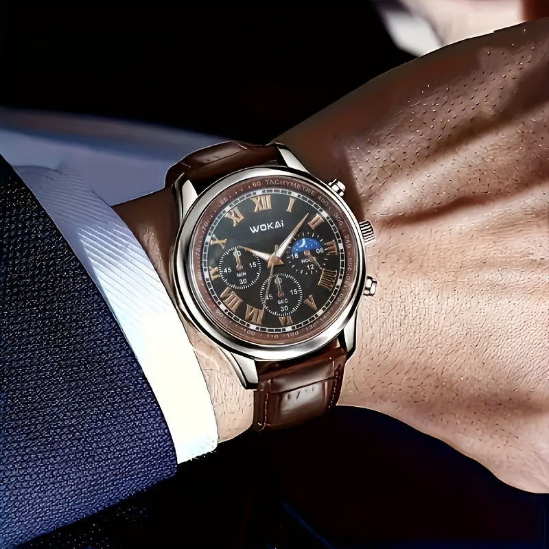 Men's Quartz Watch Faux Leather Strap Round Dial Business Wristwatch