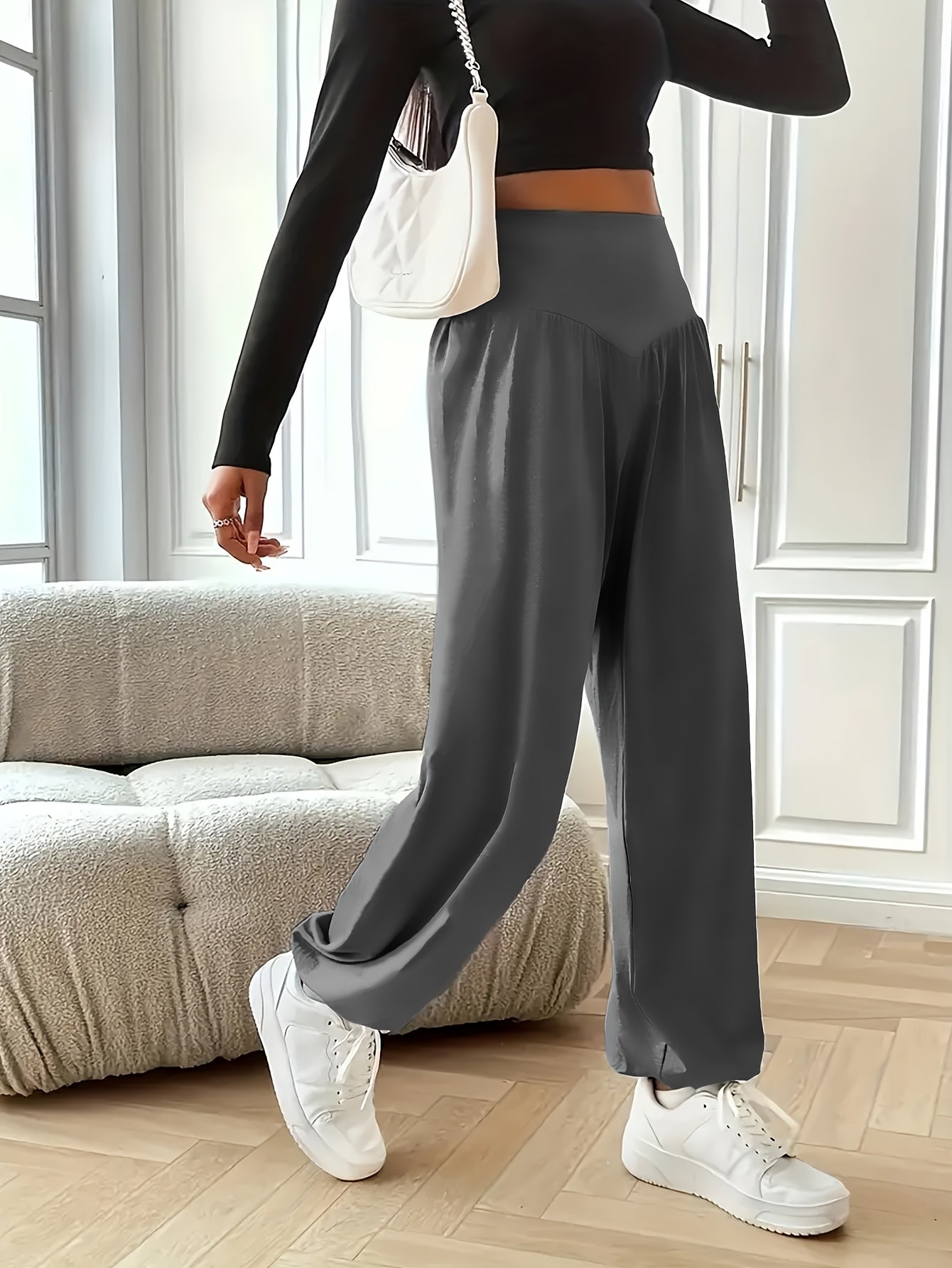 Women's High Waist Polyester Knit Sports Pants Quick-Dry Yoga Joggers for Adults
