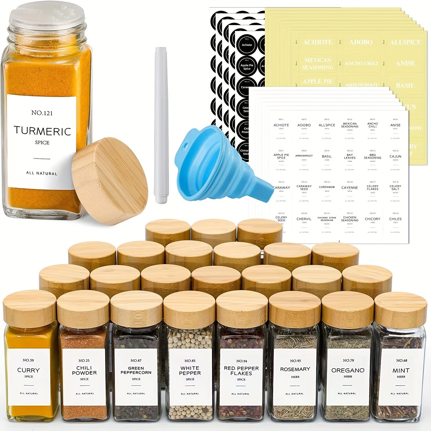 12-Piece Glass Spice Jars Set with Labels, Bamboo Lids, Brush, Funnel, Salt and Pepper Bottles
