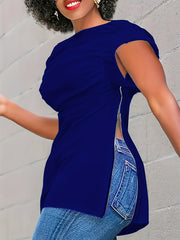 Plus Size Women's Short Sleeve T-Shirt with Zipper Breathable Red