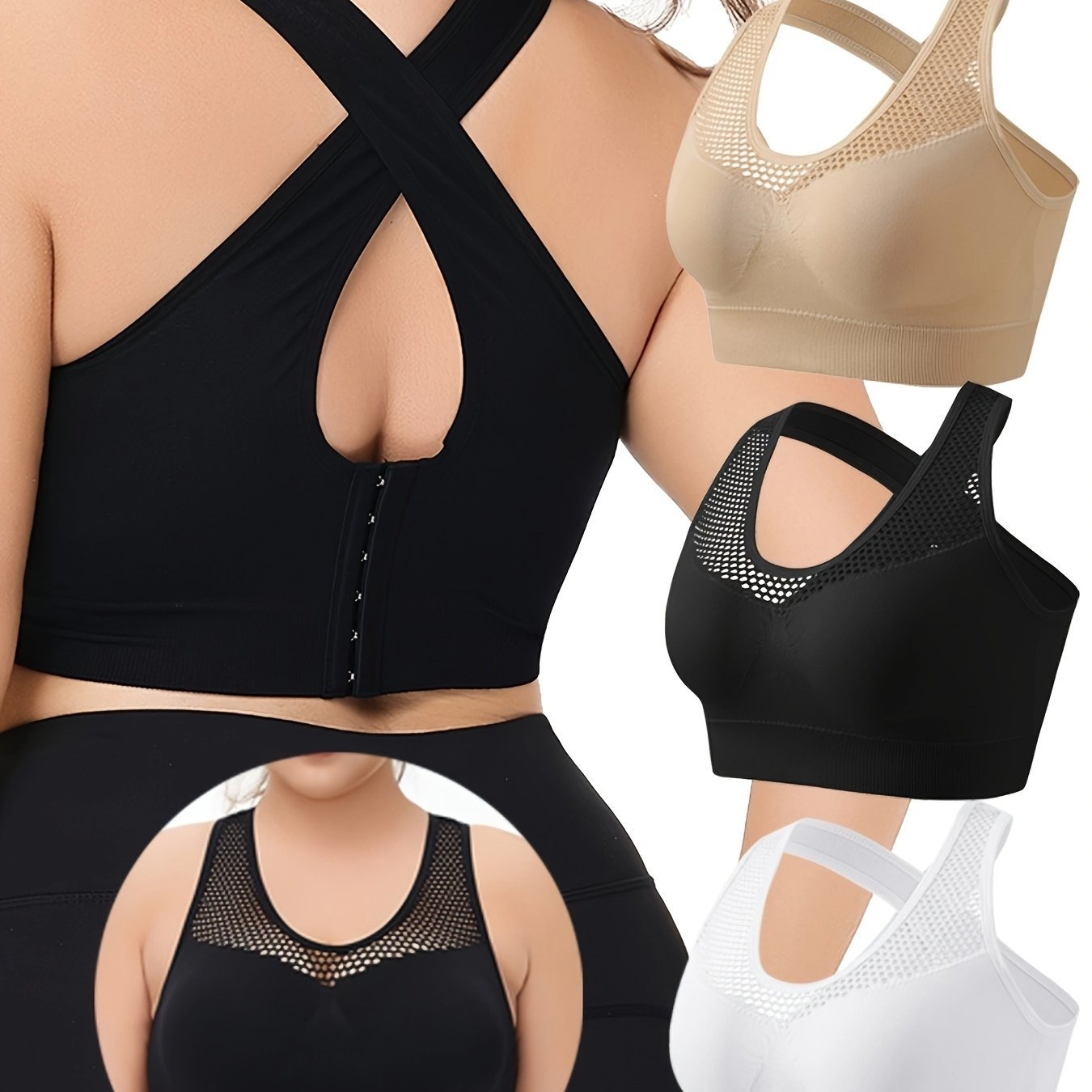 Women's Seamless Mesh Sports Bra Set of 3 Adjustable Plus Size No-Wire Yoga