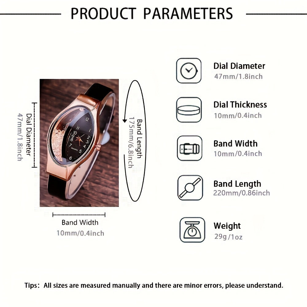 Women's Quartz Watch Oval Pointer Quicksand Dial PU Leather Band