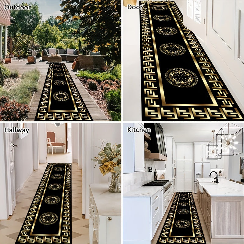 Elegant F-Pattern Runner Rug Golden Black Non-Slip Machine Washable Polyester Entryway Living Room Outdoor