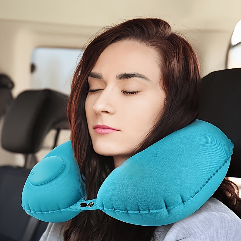Portable Inflatable U-Shaped Neck Pillow with Velvet Cover for Travel and Home