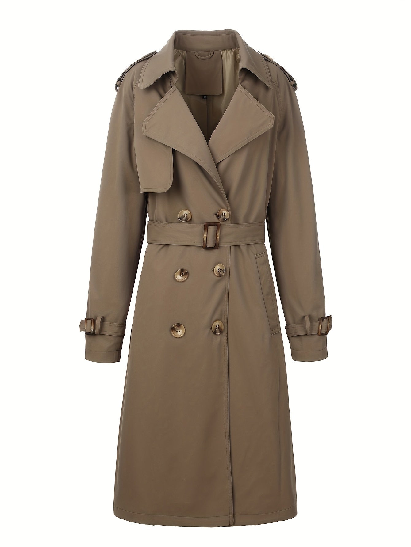 Women's Beige Polyester Trench Coat with Belt, Mid-Length, Double-Breasted for Fall and Winter
