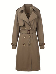 Women's Beige Polyester Trench Coat with Belt, Mid-Length, Double-Breasted for Fall and Winter