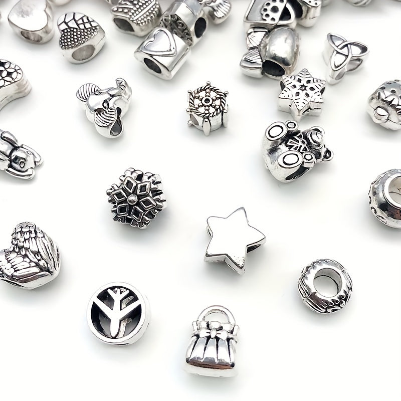 60 piezas de charms de cuentas con gran agujero y grabadas en aleación de zinc para hacer joyería