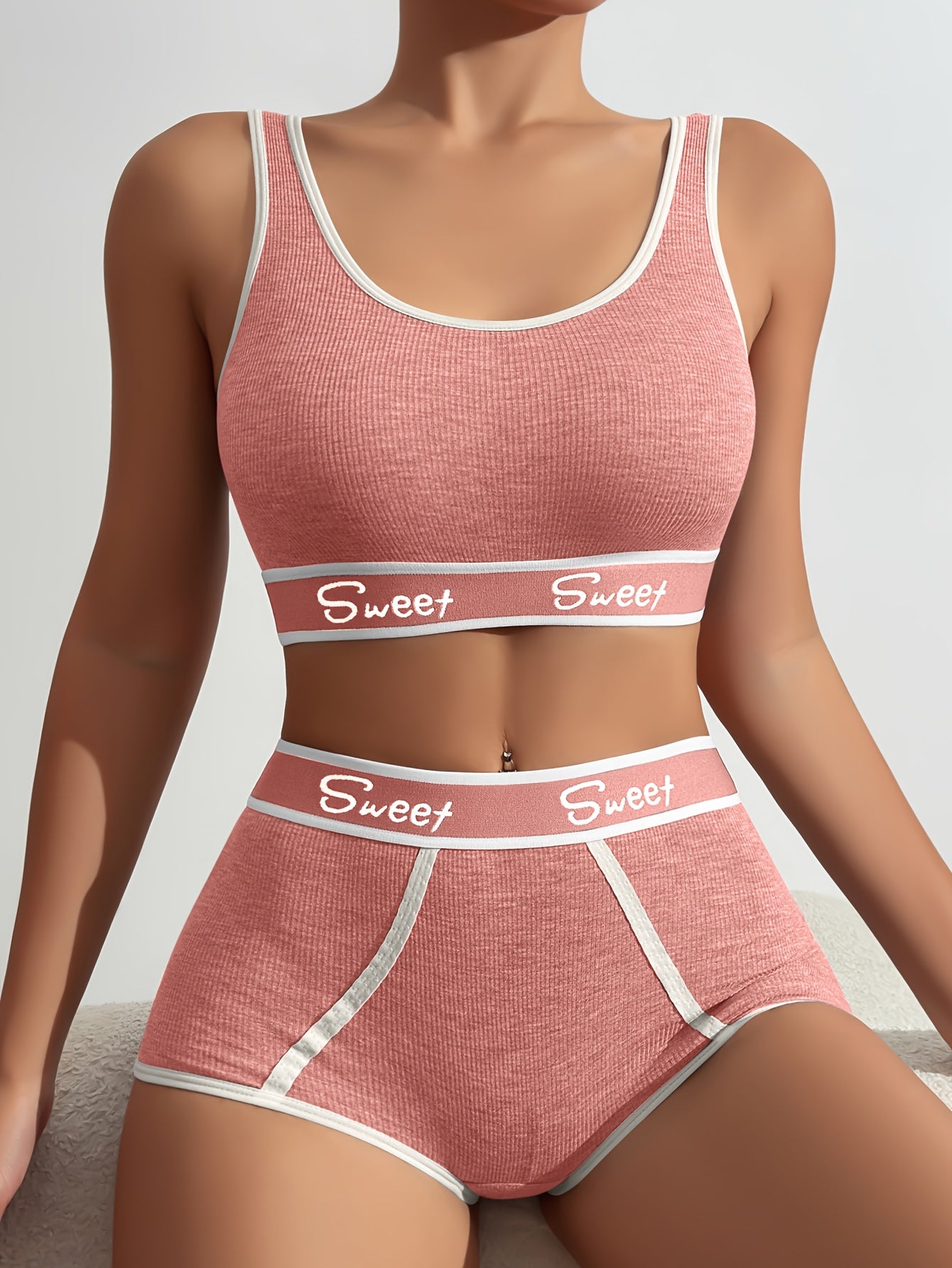 Women's Lingerie Set with Alphabet Print Bra and Panties Soft Knit Fabric Braid Detail