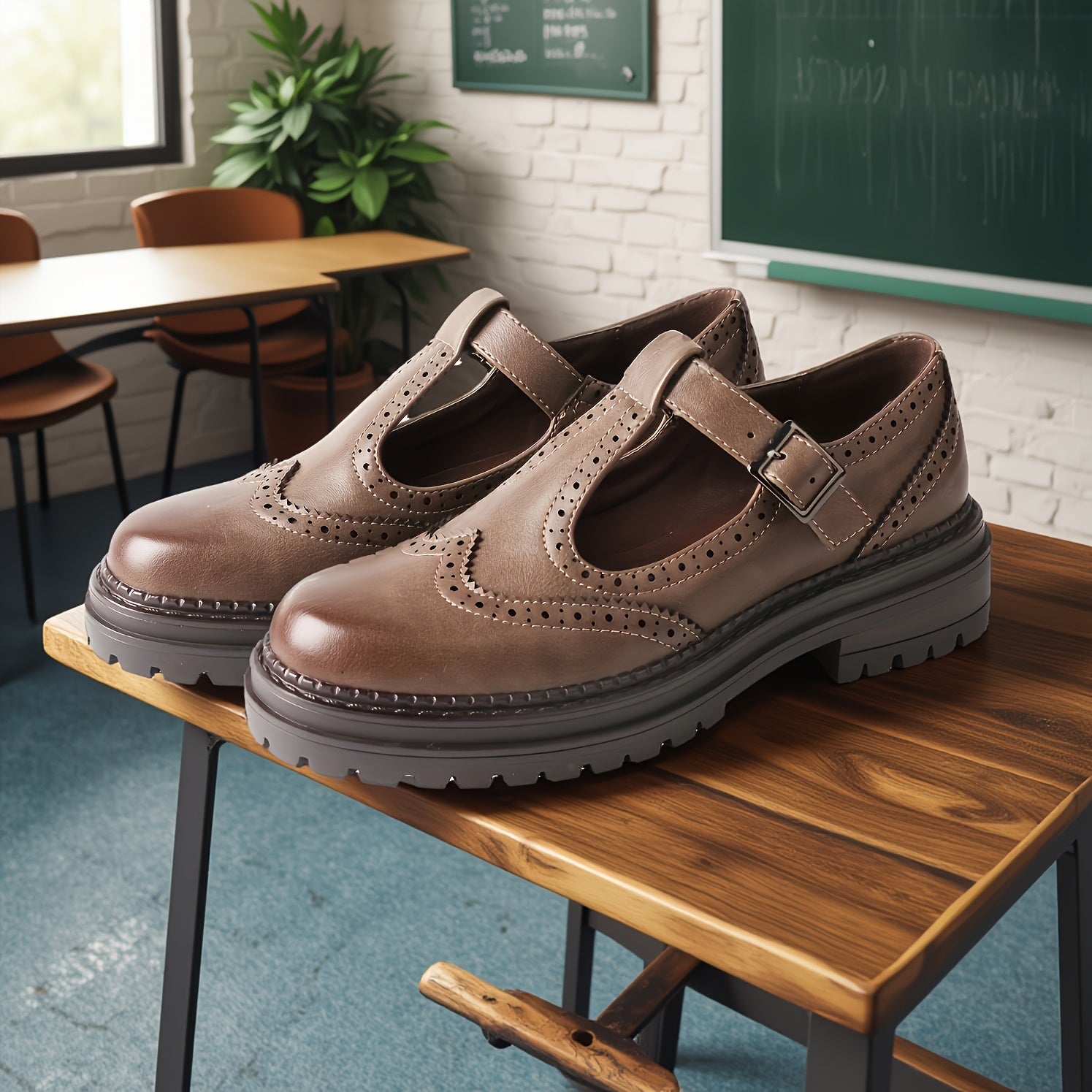 Men Brown Leather Brogue Oxford Shoes Casual Loafers with Buckle