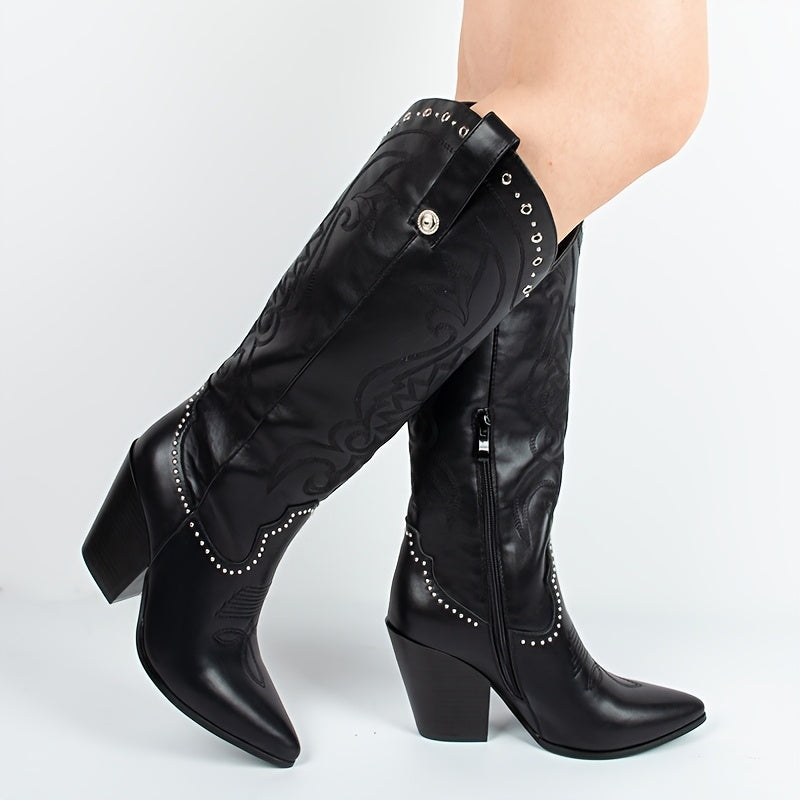 Women's Western Cowboy Boots Black Faux Cover Zipper Knee-High Pointed Toe