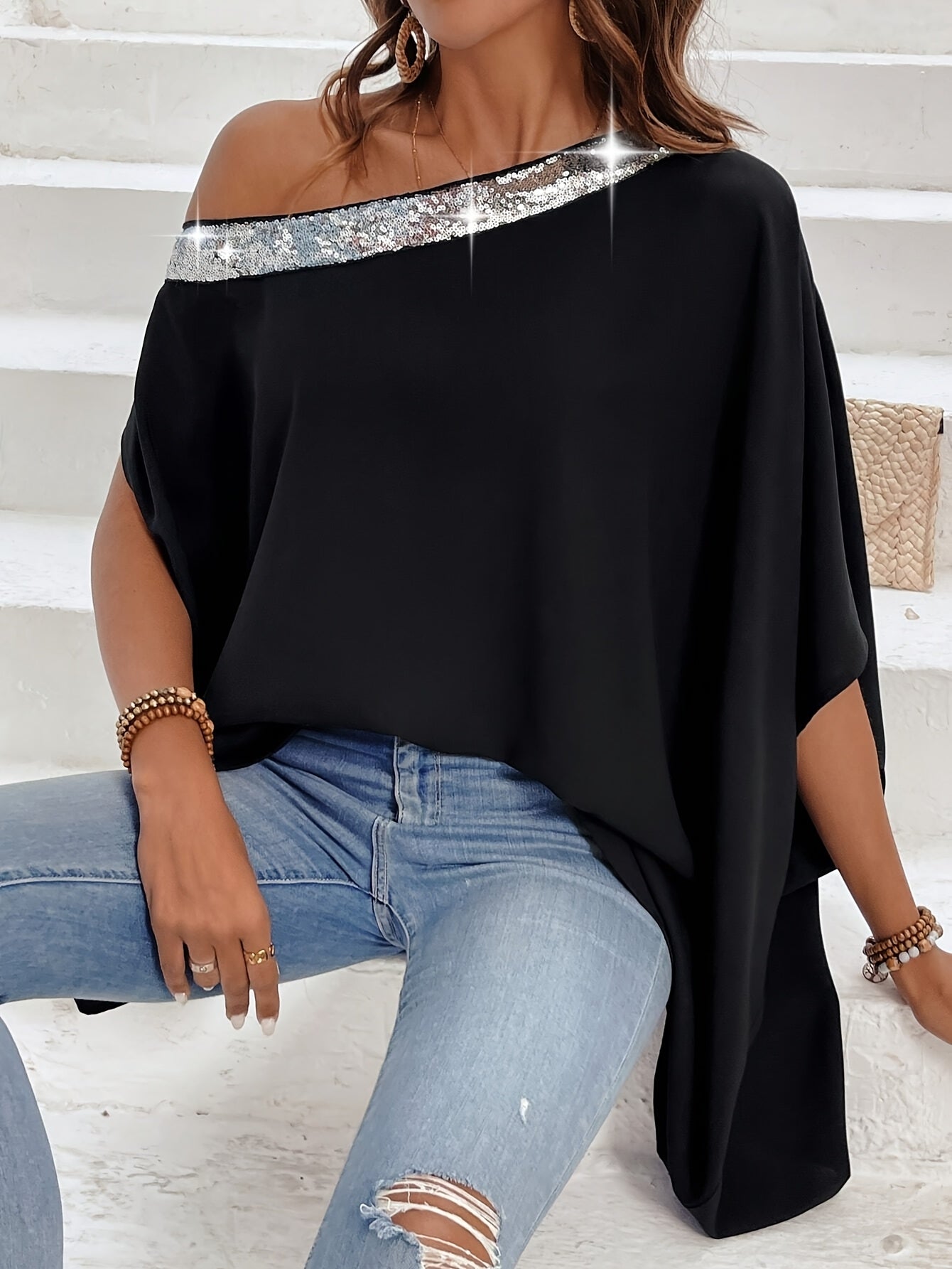 Plus Size Women's Off Shoulder Sequin Blouse Casual Red One-Shoulder Top