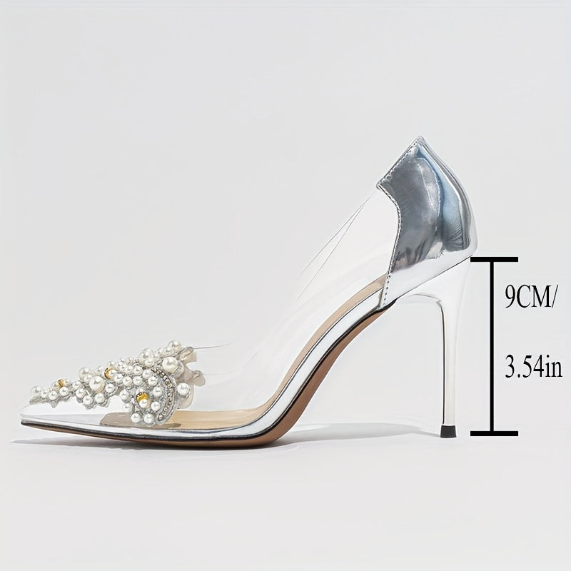 Women's Transparent Flower Decorated Pointed Toe High Heels Spring Autumn Wedding Shoes
