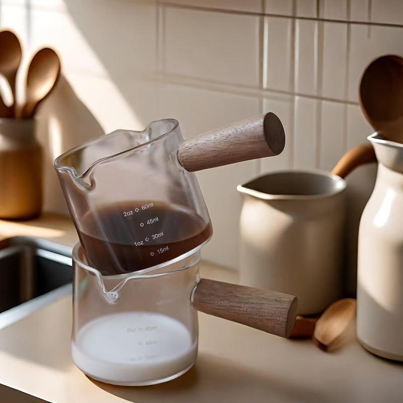 Glass Milk Jug with Wooden Handle Heat-Resistant Measuring Cup for Coffee and Spices