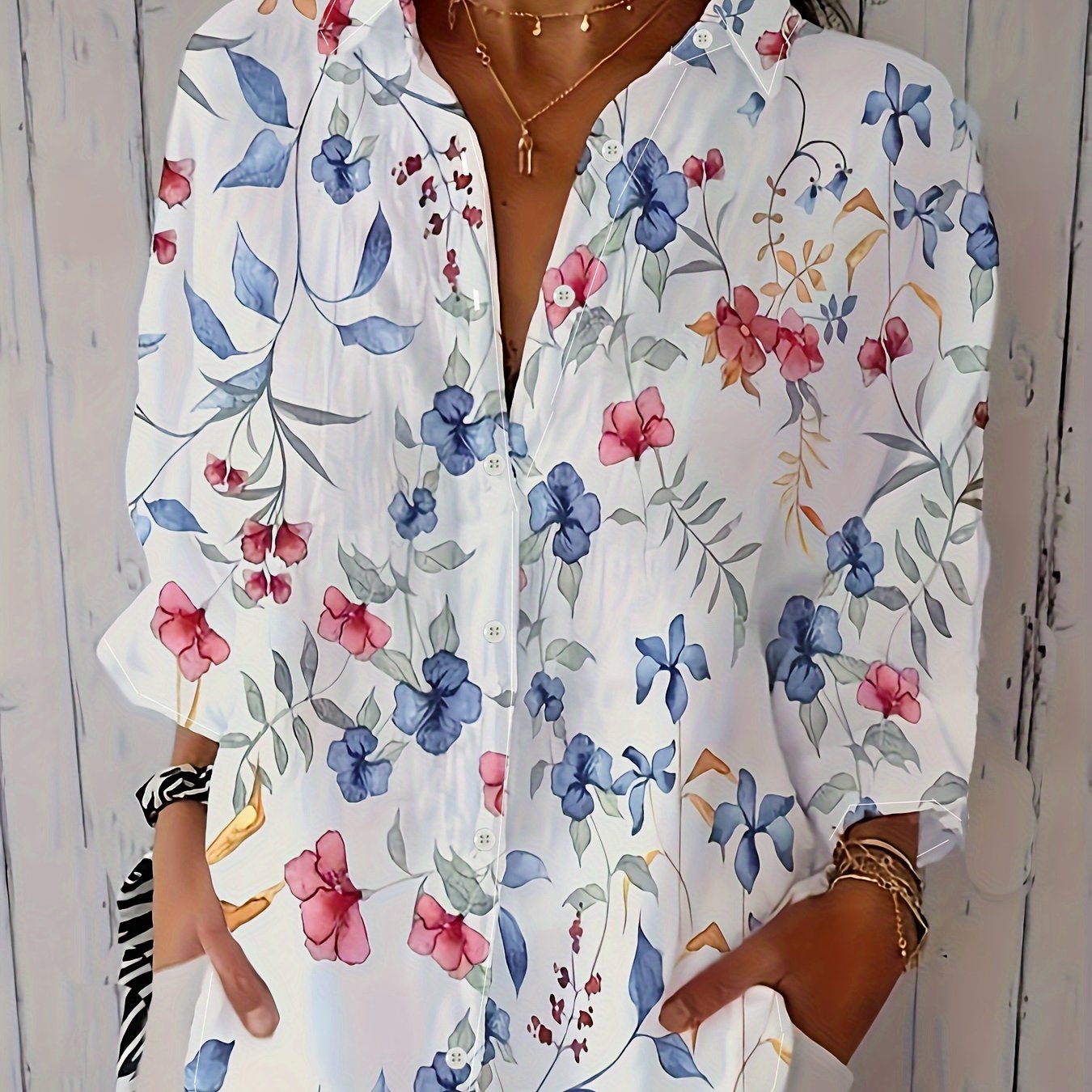 Plus Size Women's Floral Print Long Sleeve Button Front Shirt