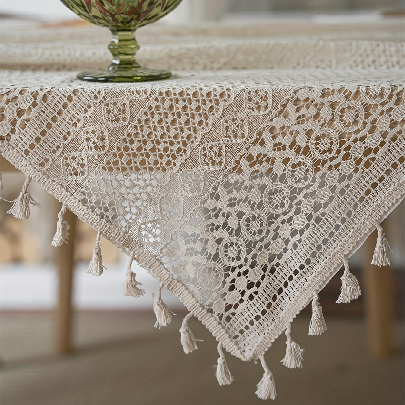 Bohemian Crochet Lace Rectangular Tablecloth for Dining and Parties Polyester Farmhouse Style