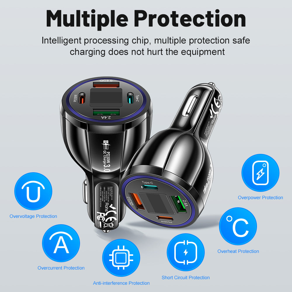 4-port tez avtomobil zaryadkasi raqamli displey bilan PD QC 3.0 Type C ko‘p qurilma uchun zaryadlash