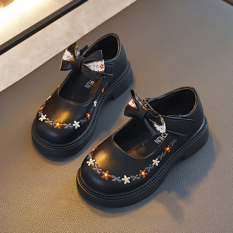 Girls' Mary Jane Shoes Fall 2024 Floral Embroidery Bow Non-Slip Rubber Sole