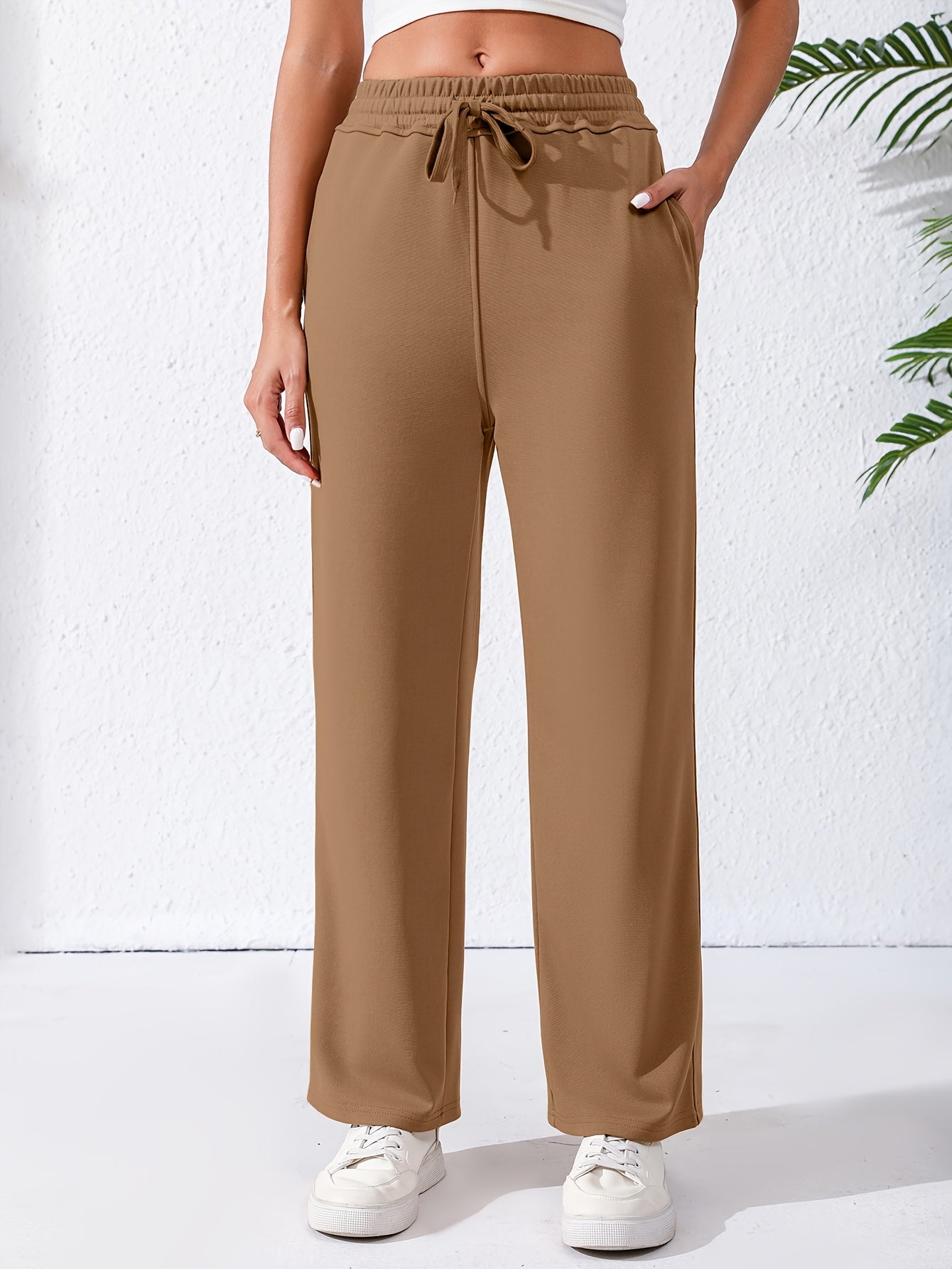 Plus Size High Waist Drawstring Sweatpants Polyester Knit Casual Wide Leg Lounge Pants