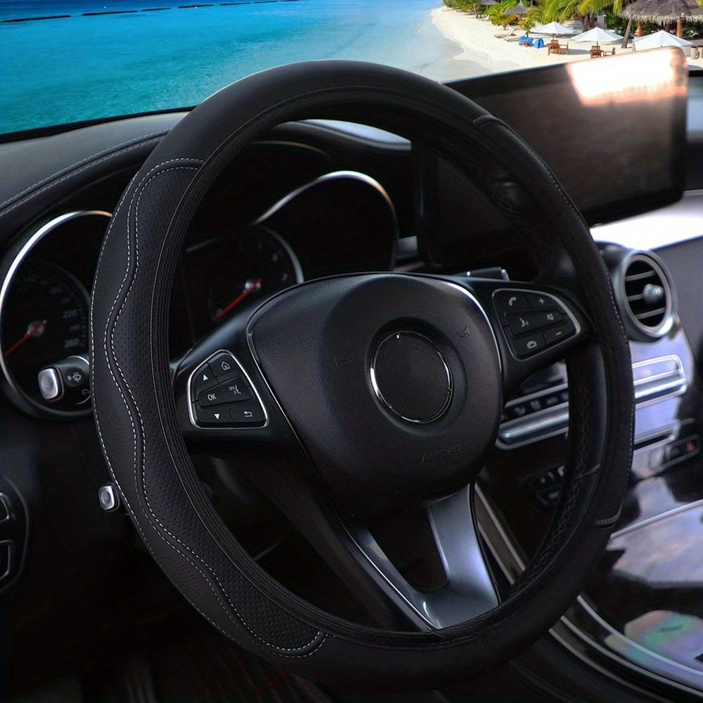 Car Steering Wheel Cover PU Leather 37-38cm, Pressure Hole, All Seasons