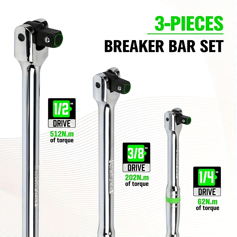 6-Piece Heavy Duty Breaker Bar Set 1/4, 3/8, 1/2 Inch Drive Steel