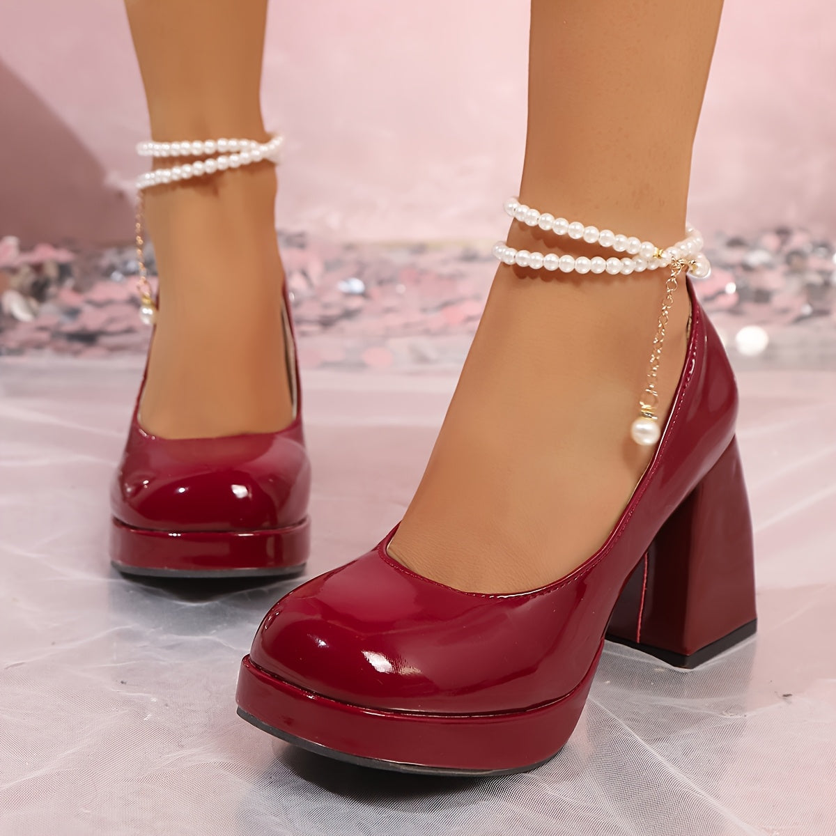 Women's High Heels Chunky Heel Pumps with Pearl Chain Glossy Synthetic Round Toe