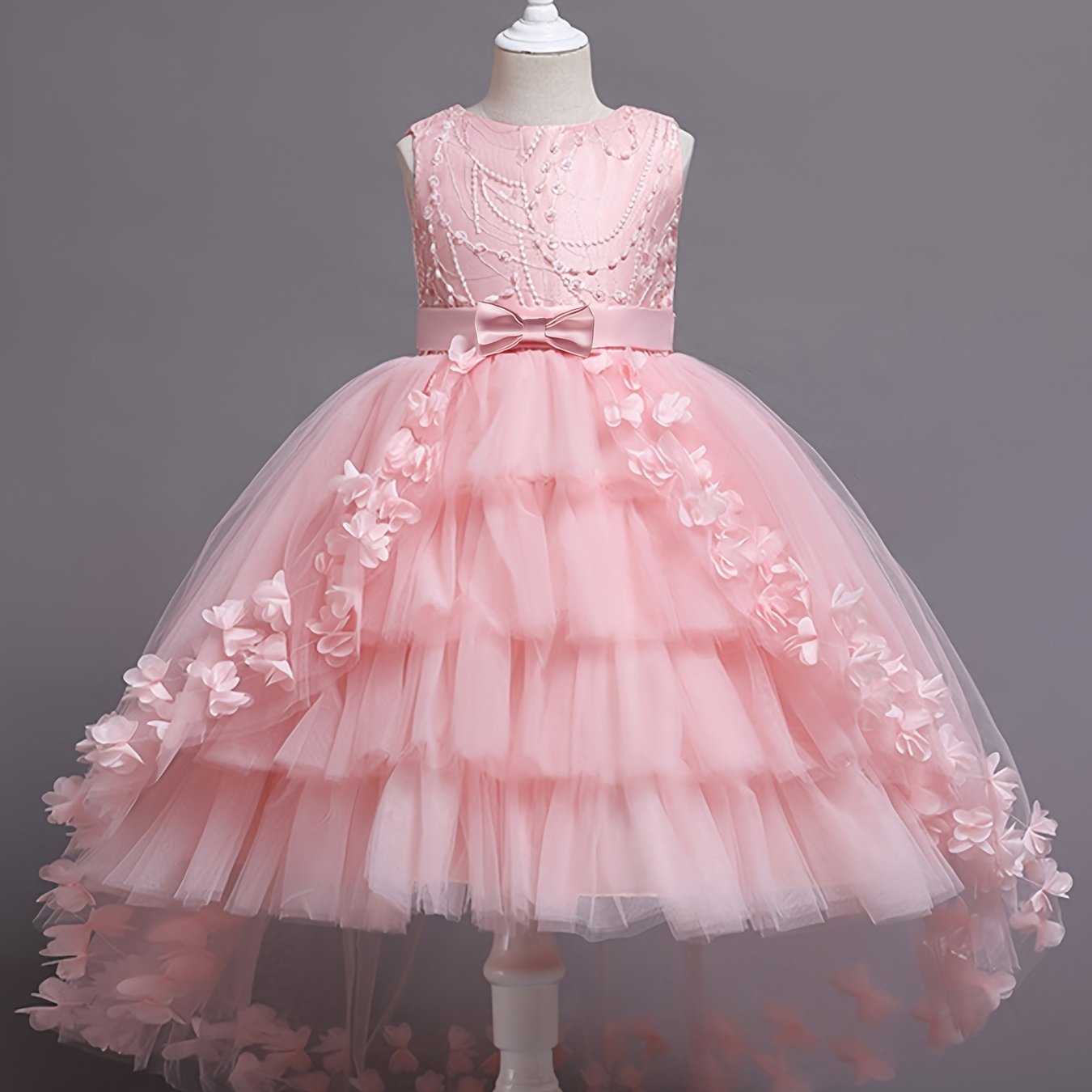 Girls Sleeveless Princess Dress with Lace Floral Embellishments and Flowing Tail for Pageants Weddings and Parties