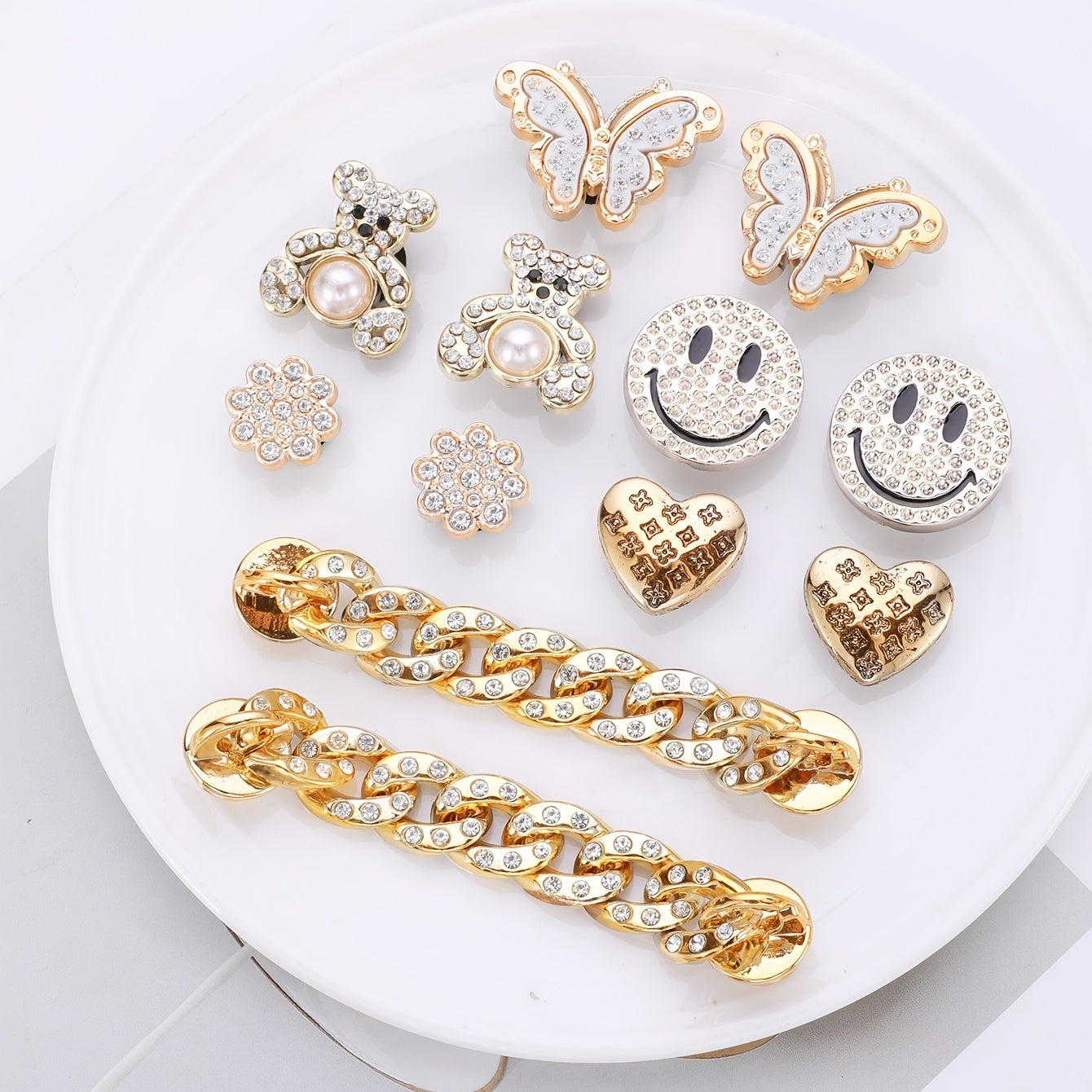 12 шт. золотых пряжек для обуви, бабочка, медведь, сердце, подвеска, для рукоделия, подарок, аксессуар