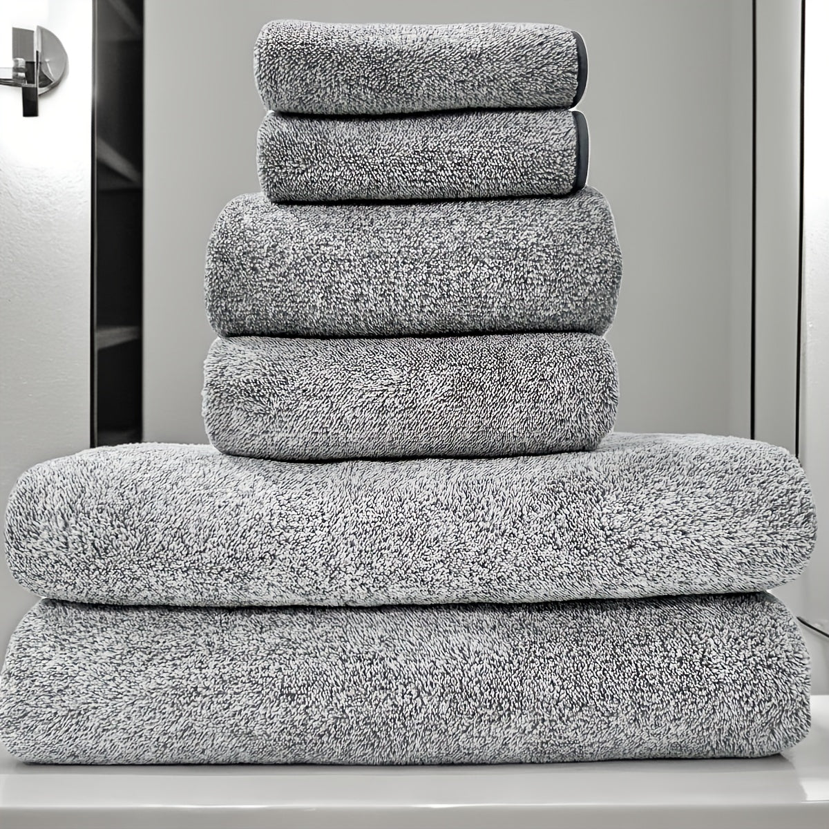 Dark Gray Stripe 6-Piece Towel Set Ultra-Soft Coral Fleece Quick-Drying Bath Hand Washcloths