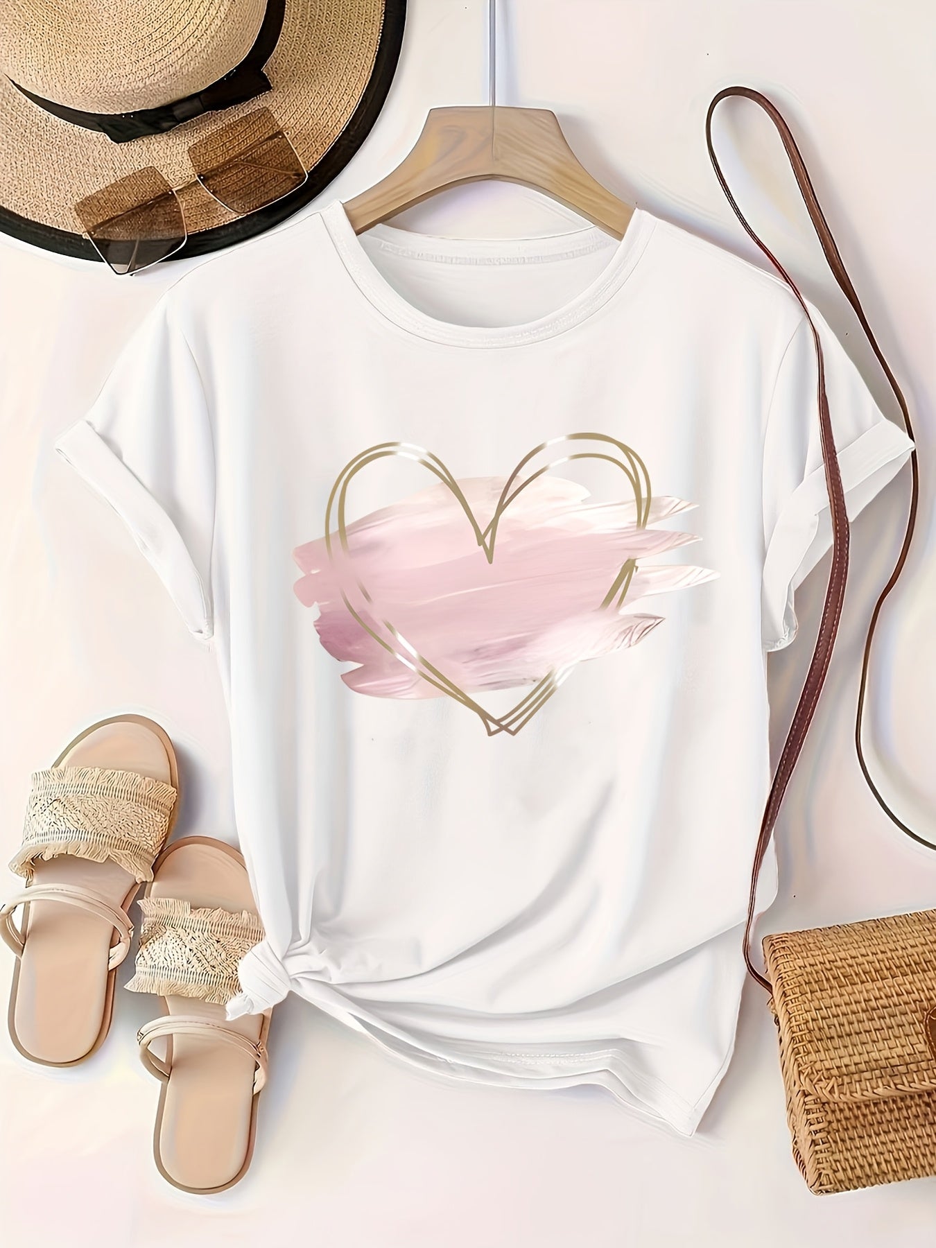 Plus Size Pink Heart Print T-Shirt with Crew Neck Short Sleeves and Medium Stretch Polyester Fabric