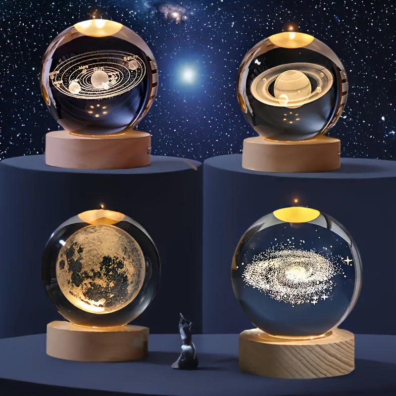 3D Crystal Ball with Solar System and Moon Engraving USB Powered Space Decor for Home Office