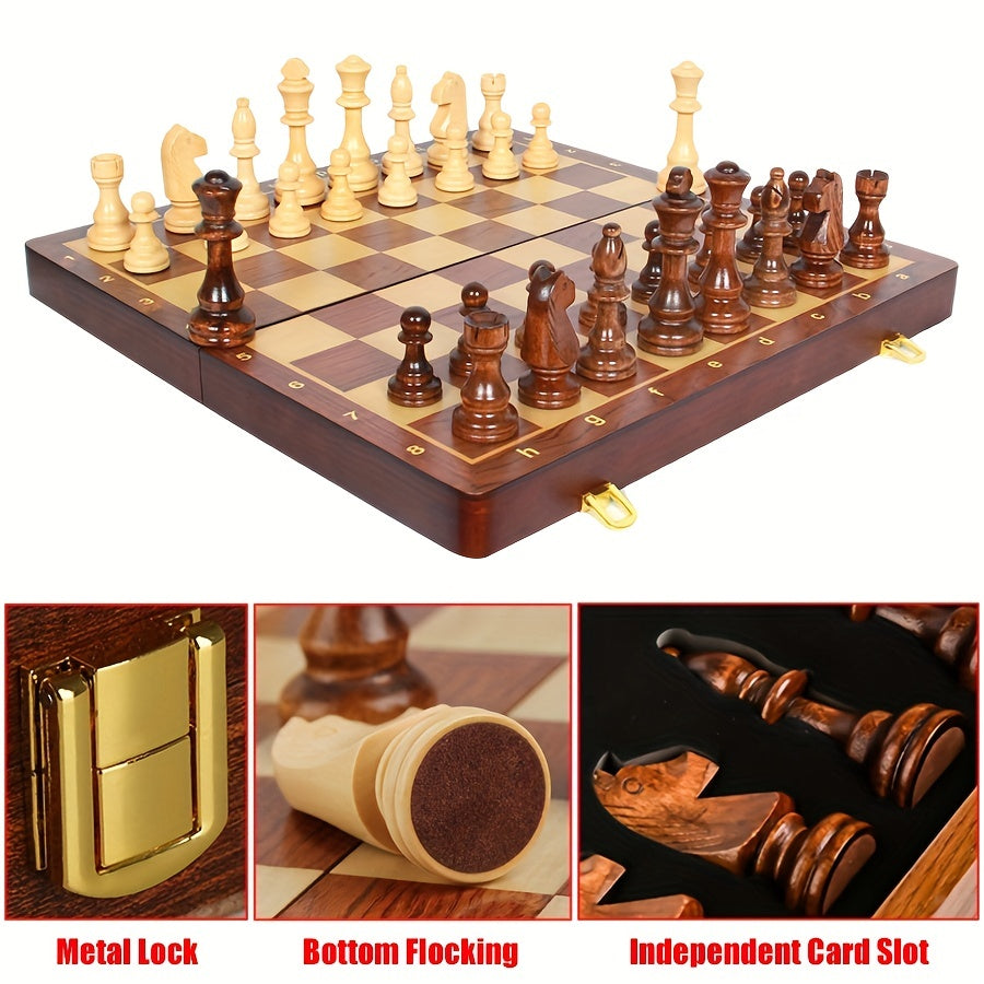 Solid Wood Chess Set with Folding Walnut Checkerboard and Internal Storage 15 Inch