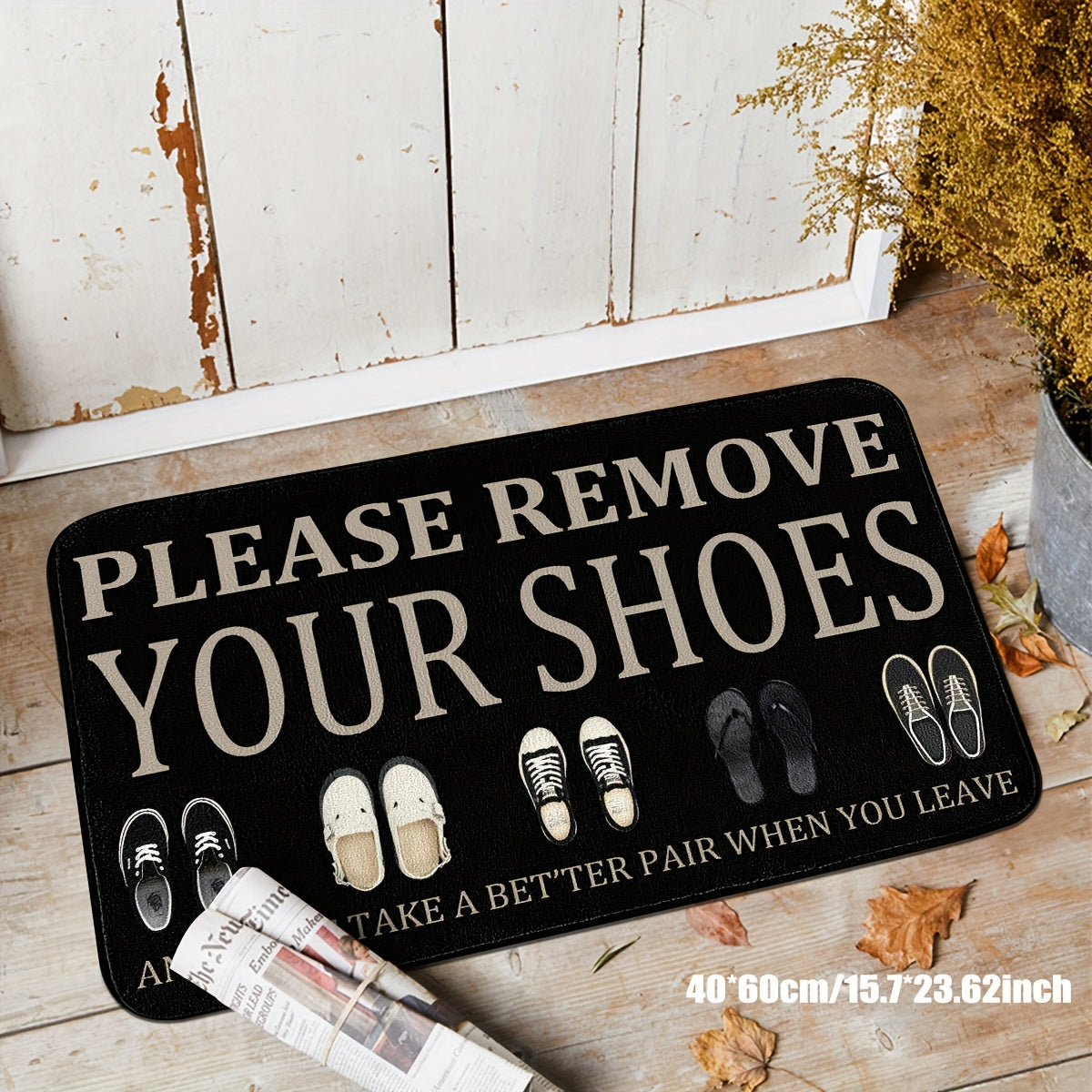 Hand-Washable Polyester Entryway Rug Non-Slip Mat with Shoe Prints and Message