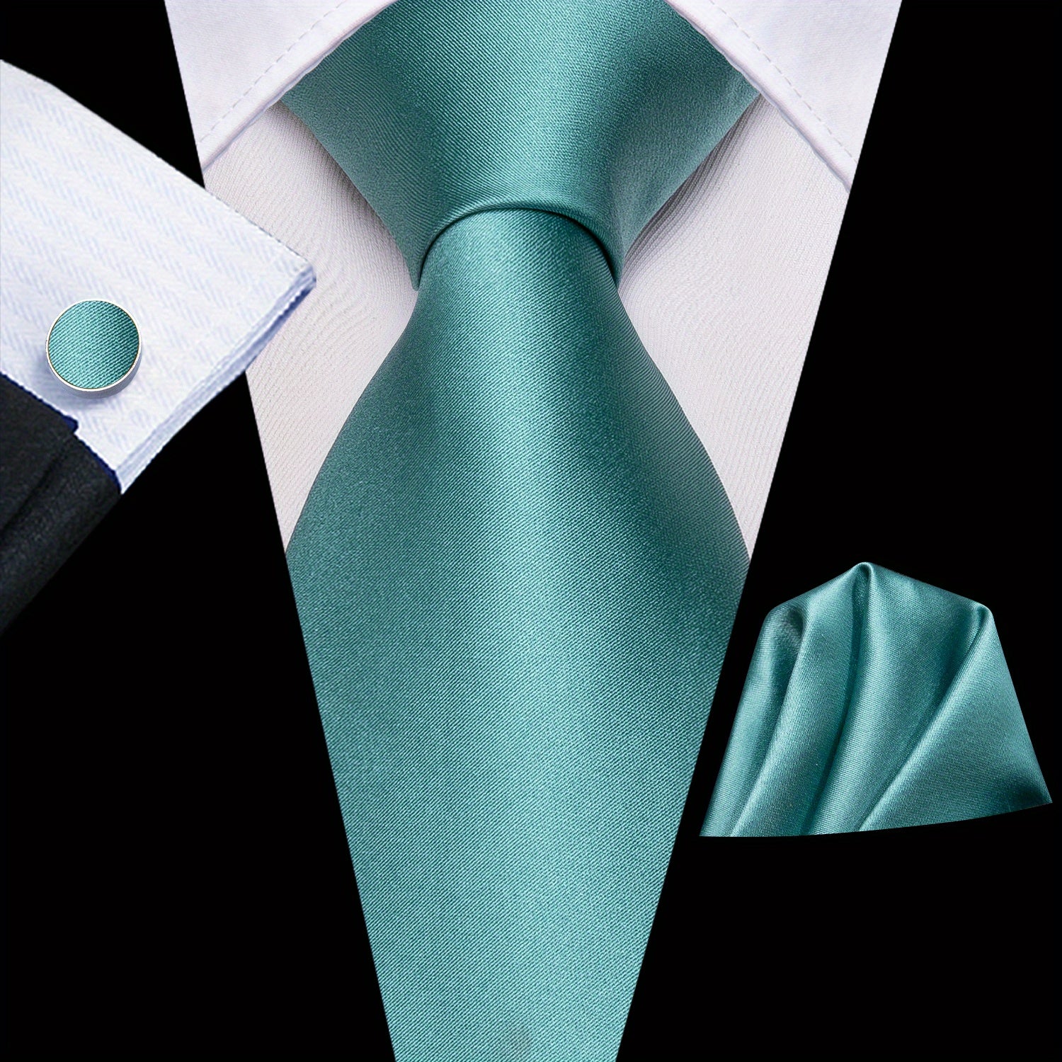 Men's Jacquard Woven Solid Necktie Set with Hanky and Cufflinks for Weddings and Business