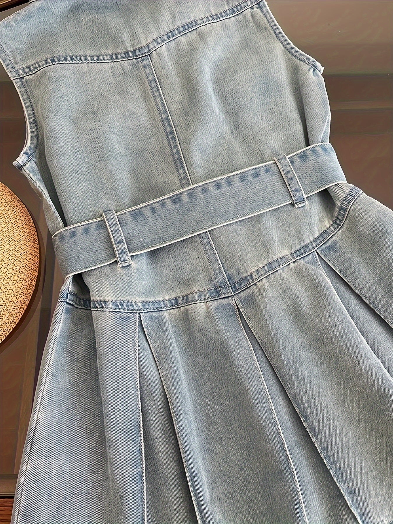 Girls Sleeveless Denim Dress with Waist Belt for Summer Casual Style